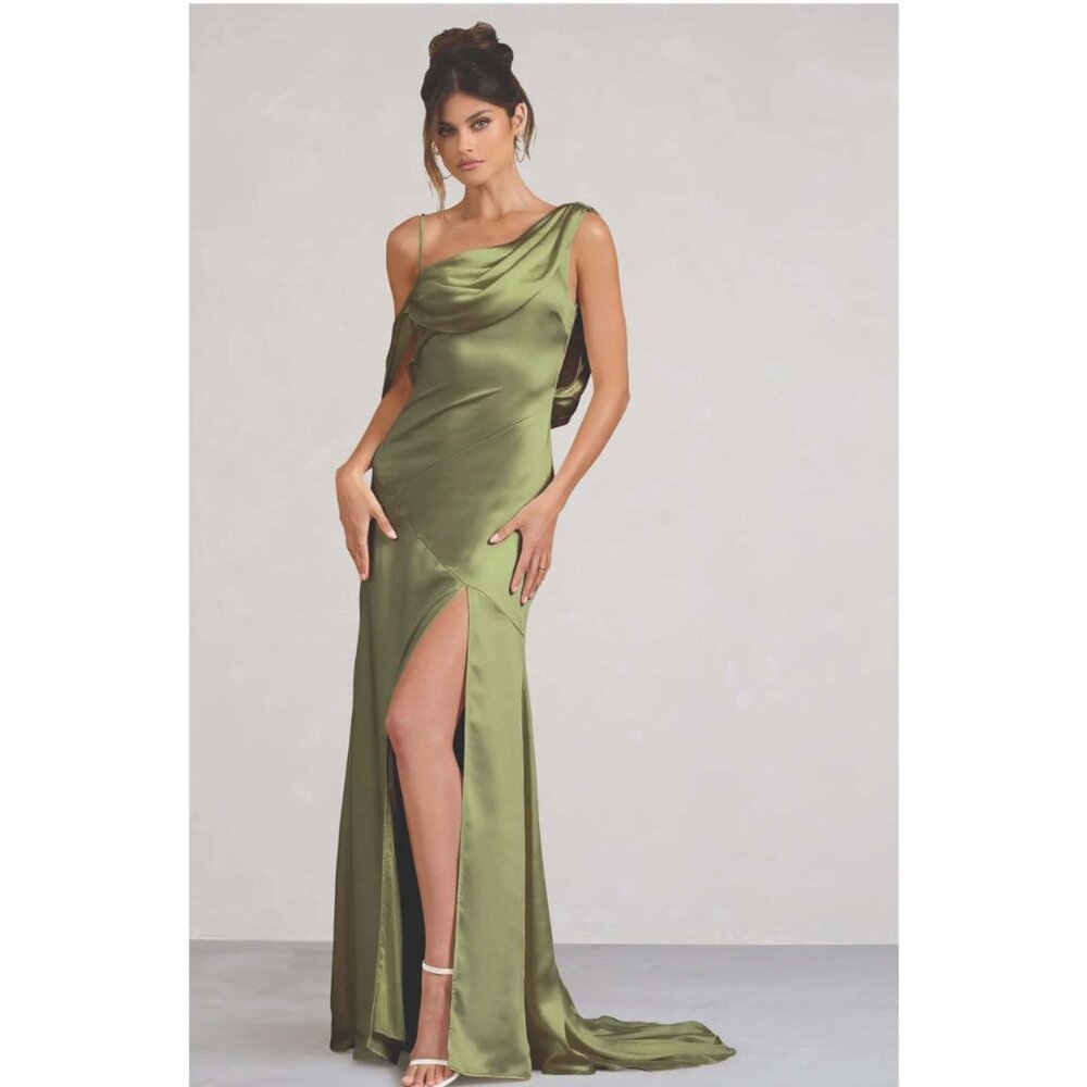 Club L London "Jayne" Satin Asymmetrical Draped Split Gown